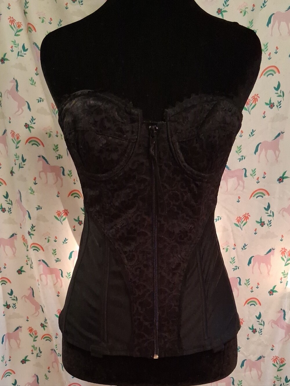 Vintage 90s Frederick's Of Hollywood Black Lace Zip Padded Corset Bustier SZ 34B